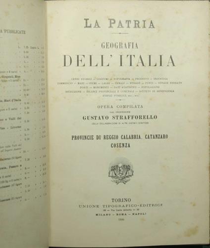 patria - Geografia dell'Italia - Provincie di Reggio Calabria, Catanzaro, Cosenza; Provincie di Bari, Foggia, Lecce, Potenza - Gustavo Strafforello - copertina
