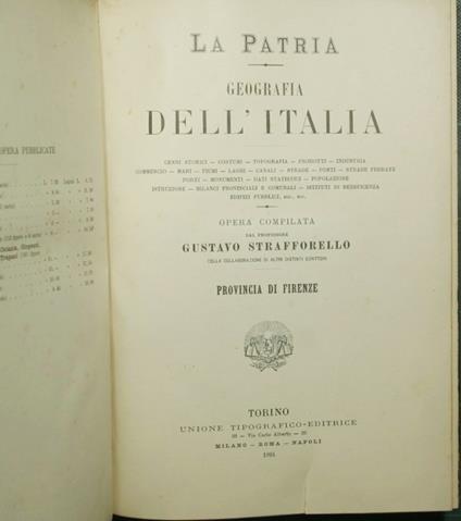 patria - Geografia dell'Italia - Provincia di Firenze; Provincie di Arezzo, Grosseto, Siena - Gustavo Strafforello - copertina