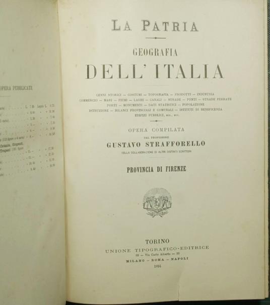 patria - Geografia dell'Italia - Provincia di Firenze; Provincie di Arezzo, Grosseto, Siena - Gustavo Strafforello - copertina