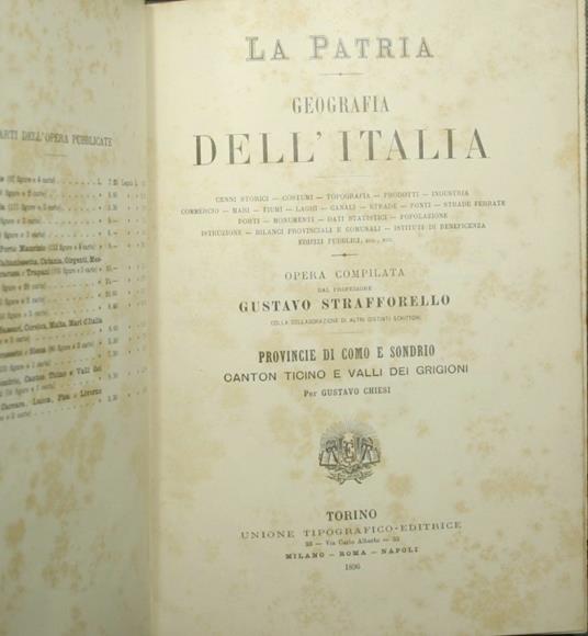 patria - Geografia dell'Italia - Provincie di Como e Sondrio, Canton Ticino e Valli dei Grigioni - Gustavo Strafforello - copertina