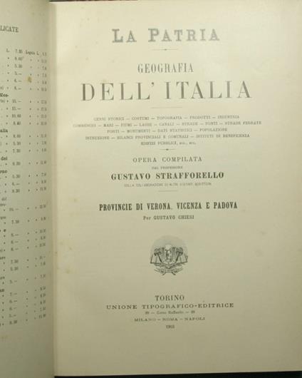 patria - Geografia dell'Italia - Provincie di Verona, Vicenza e Padova - Gustavo Strafforello - copertina