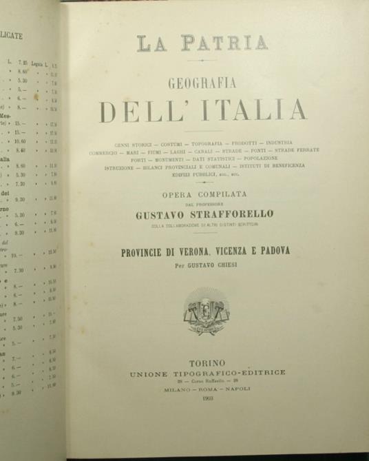 patria - Geografia dell'Italia - Provincie di Verona, Vicenza e Padova - Gustavo Strafforello - copertina