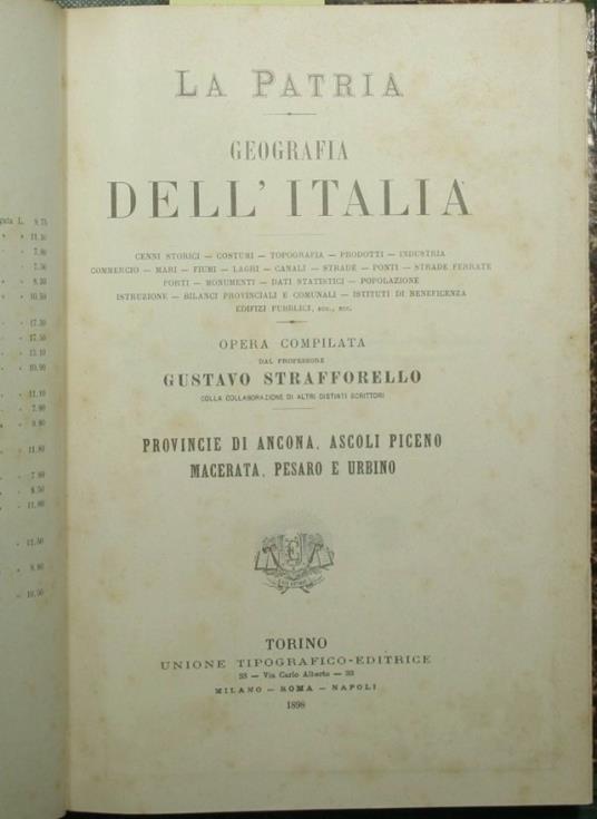 patria - Geografia dell'Italia - Provincie di Ancona, Ascoli Piceno, Macerata, Pesaro e Urbino - Gustavo Strafforello - copertina