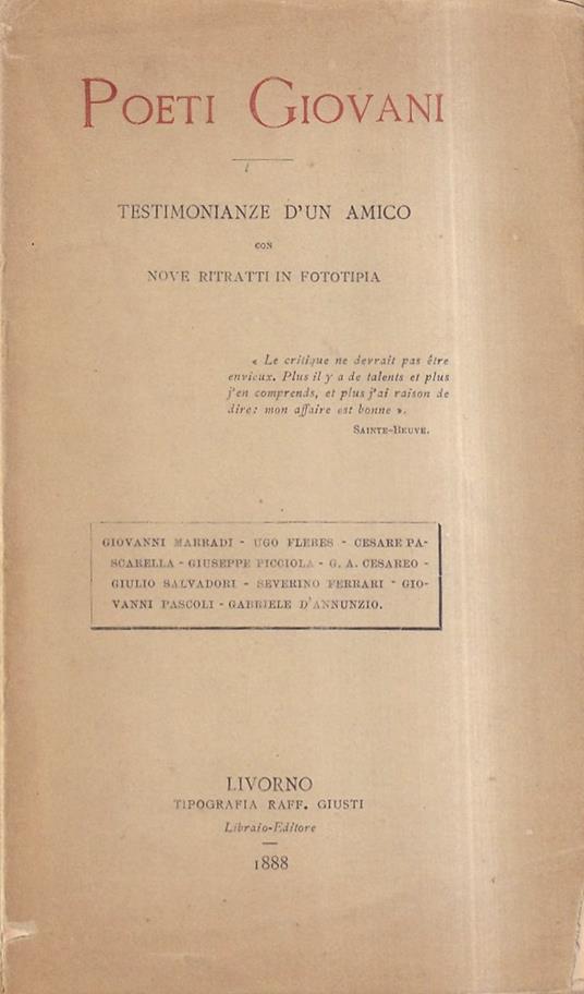 Poeti giovani. Testimonianze d'un amico con nove ritratti in fototipia - Guido Mazzoni - copertina