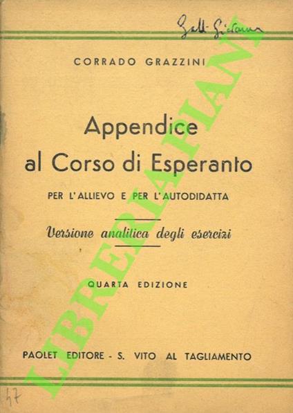 Appendice al Corso di Esperanto per l’allievo e l’autodidatta. Versione analitica degli esercizi - Corrado Grazzini - copertina