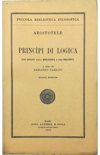 Principi di logica (con estratti dalla Metafisica e dell'Organon) - copertina