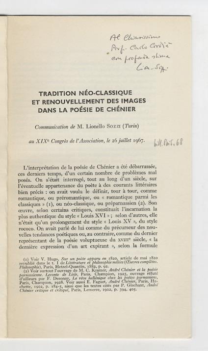 Tradition néoclassique et renouvellemnet de imagese dans la poésie de Chénier. Communication [...] au XIXè Congrè de l'Association, le 26 juillet 1967 - Lionello Sozzi - copertina