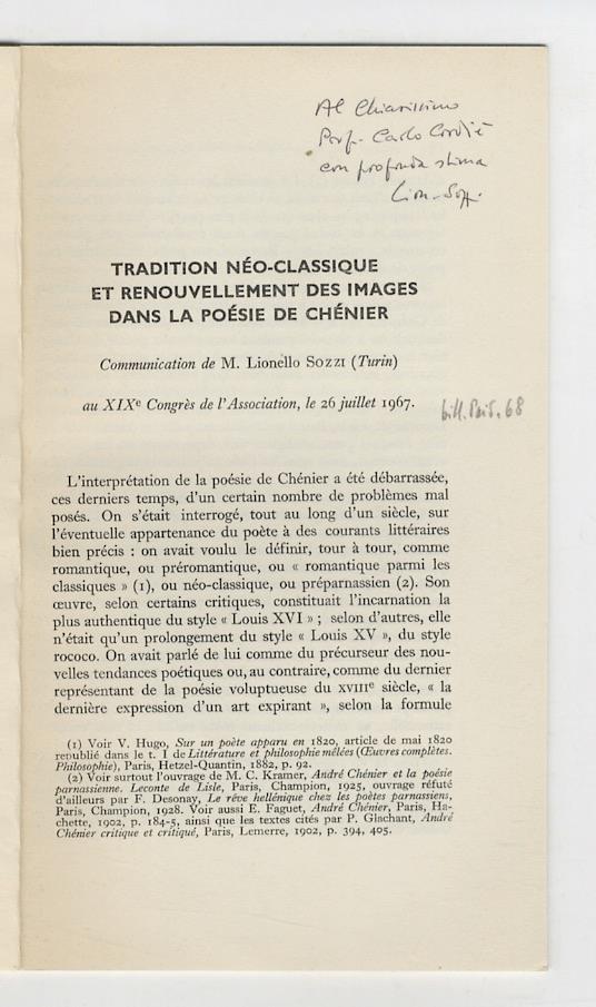 Tradition néoclassique et renouvellemnet de imagese dans la poésie de Chénier. Communication [...] au XIXè Congrè de l'Association, le 26 juillet 1967 - Lionello Sozzi - copertina