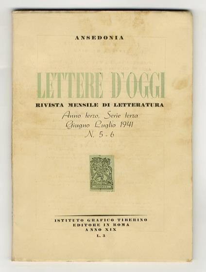 LETTERE d'oggi. Rivista mensile di letteratura. Anno terzo. Serie terza, n. 5-6, giugno-luglio 1941 - copertina