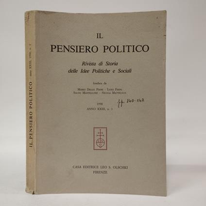 Il pensiero politico. Rivista di storia delle idee politiche e sociali  (1990 Anno XXIII, n. 1) - copertina