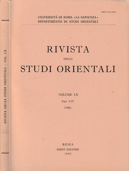 Rivista degli studi orientali anno 1986, vol LX, fasc I-IV - copertina