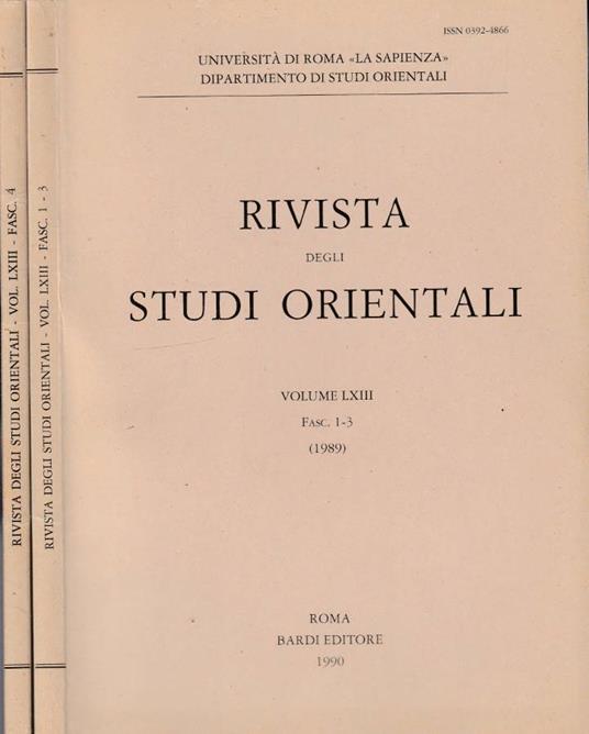 Rivista degli studi orientali anno 1989, vol LXIII, fasc I-III, IV - copertina