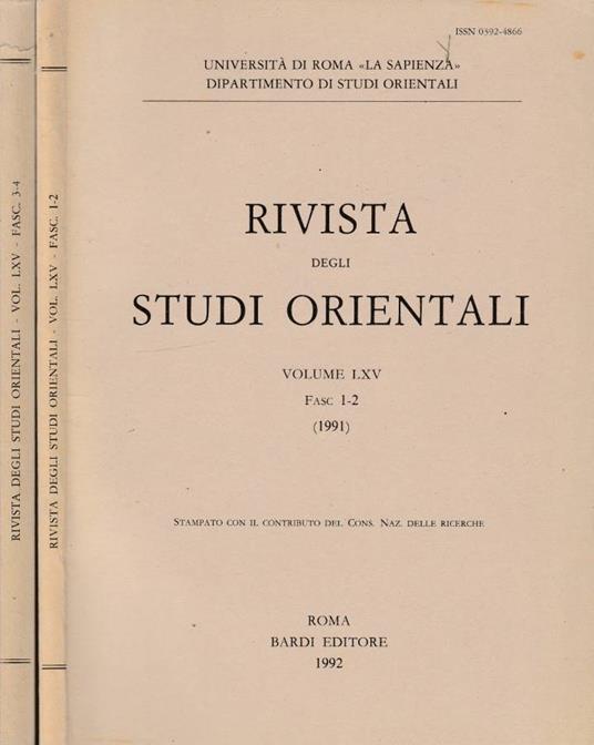 Rivista degli studi orientali anno 1991, vol LXV, fasc 1-2, 3-4 - copertina