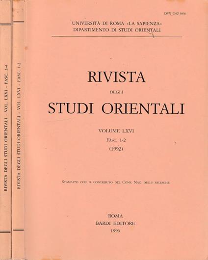Rivista degli studi orientali anno 1992, vol LXVI, fasc 1-2, 3-4 - copertina