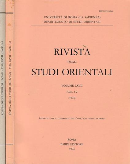 Rivista degli studi orientali anno 1993, vol LXVII, fasc 1-2, 3-4 - copertina