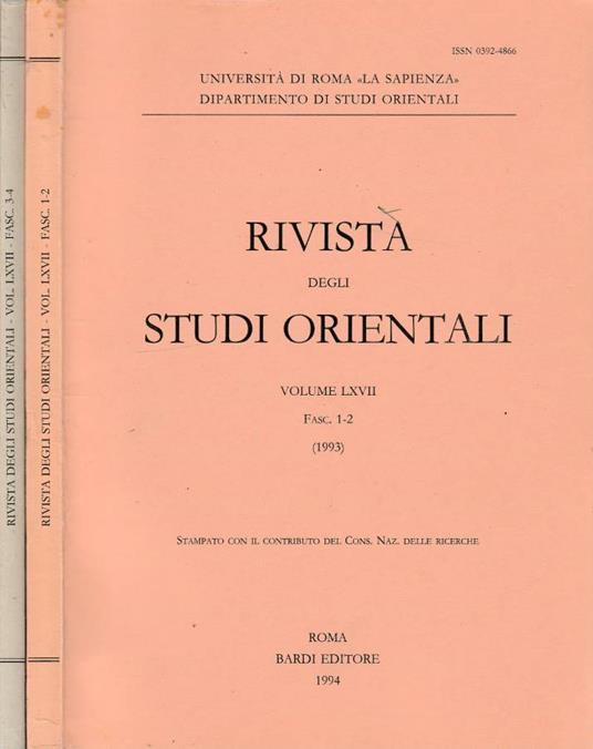 Rivista degli studi orientali anno 1993, vol LXVII, fasc 1-2, 3-4 - copertina