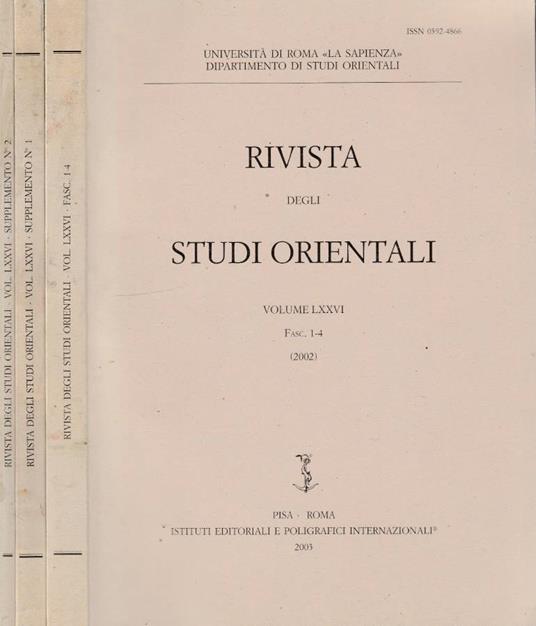 Rivista degli studi orientali anno 2002, vol LXXVI, fasc 1-4, con 2 supplementi - copertina