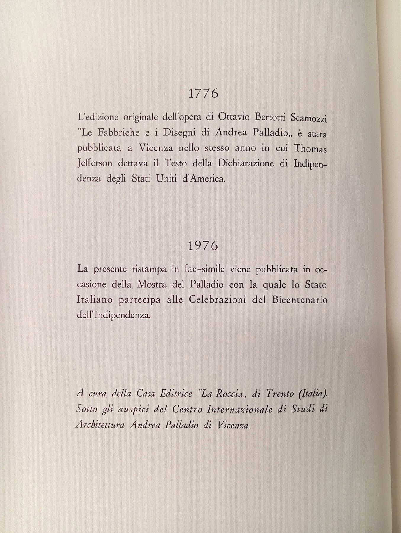 Le fabbriche e i disegni di Andrea Palladio - raccolti ed illustrati da Ottavio Bertotti Scamozzi : opera divisa in quattro tomi con tavole in rame rappresentanti le Piante, i Prospetti e gli Spaccati, con la traduzione in francese (ristampa facsimile)