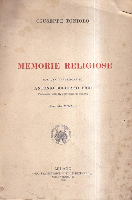 Memorie religiose - Giuseppe Toniolo - copertina