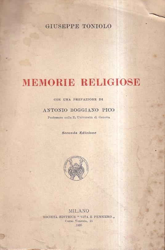 Memorie religiose - Giuseppe Toniolo - copertina