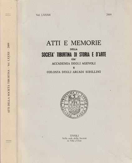 Atti e memorie della Società Tiburtina di Storia e d'Arte vol LXXXII 2009 - Vincenzo G. Pacifici - copertina
