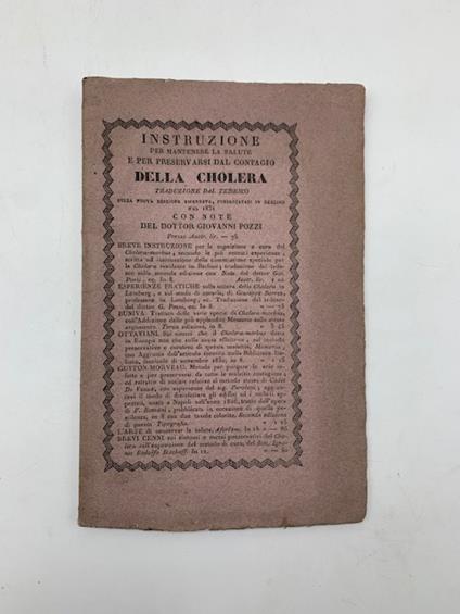 Instruzione per mantenere la salute e preservarsi dal contagio della cholera. Traduzione dal tedesco - Giovanni Pozzi - copertina