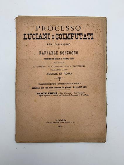 Processo Luciani e coimputati per l'assassinio di Raffaele Sonzogno commesso in Roma il 6 febbrajo 1875...Resoconto stenografico. Parte prima - copertina