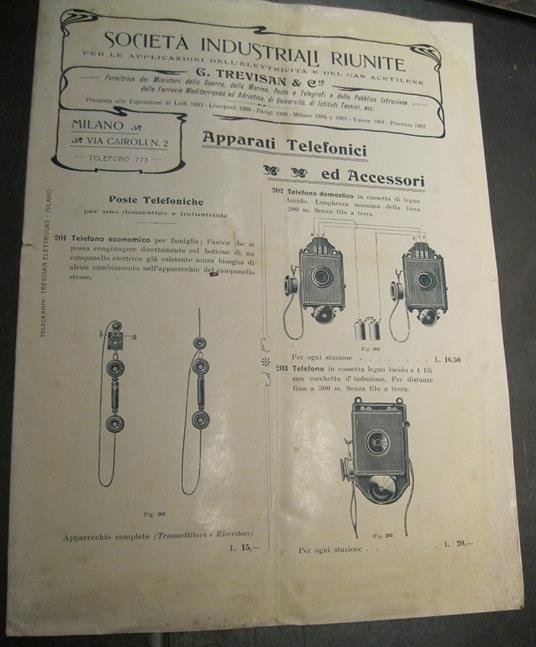 Societa' industriali riunite per le applicazioni dell'elettricita' e del gas acetilene. G. Trevisan & Cie. Apparati telefonici ed accessori - copertina