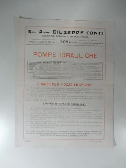 Soc. Anon. Giuseppe Conti. Macchine agricole ed industriali. Pompe idrauliche. Pieghevole commerciale - copertina