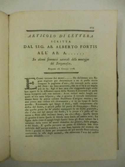 Articolo di lettera scritta dal sig. ab. Alberto Fortis all'ab. A. su alcuni fenomeni naturali delle montagne del Bergamasco. Bergamo 18 gennaio 1778 - Alberto Fortis - copertina