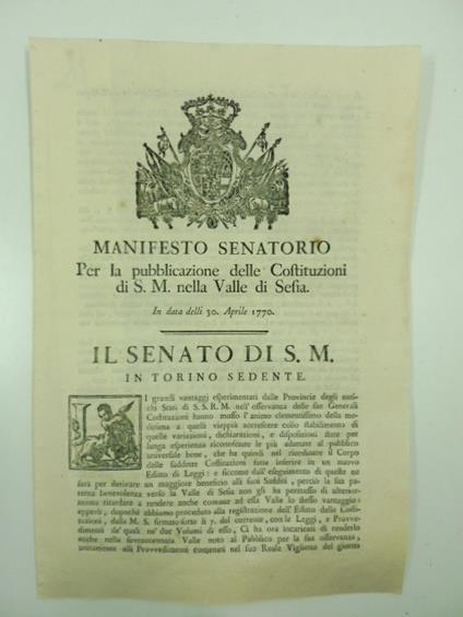 Manifesto senatorio per la pubblicazione delle costituzioni di S. M. nella valle di Sesia. In data delli 30 Aprile 1770 - copertina