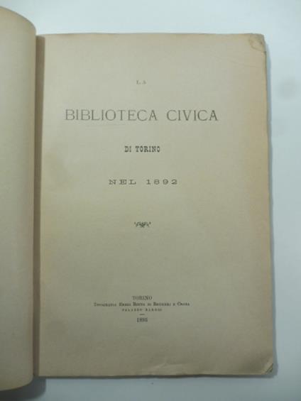 La biblioteca civica di Torino nel 1892 - copertina