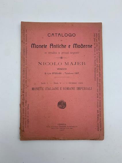 Catalogo di monete antiche e moderne in vendita a prezzi segnati, Nicolo' Majer, 1909. Monete italiane e romane imperiali - copertina
