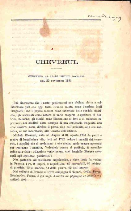 Chevreul. Conferenza al Reale Istituto lombardo del 25 novembre 1886 - Cesare Cantù - copertina