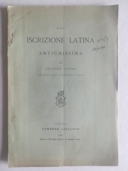 D'una iscrizione latina antichissima - Francesco D'Ovidio - copertina