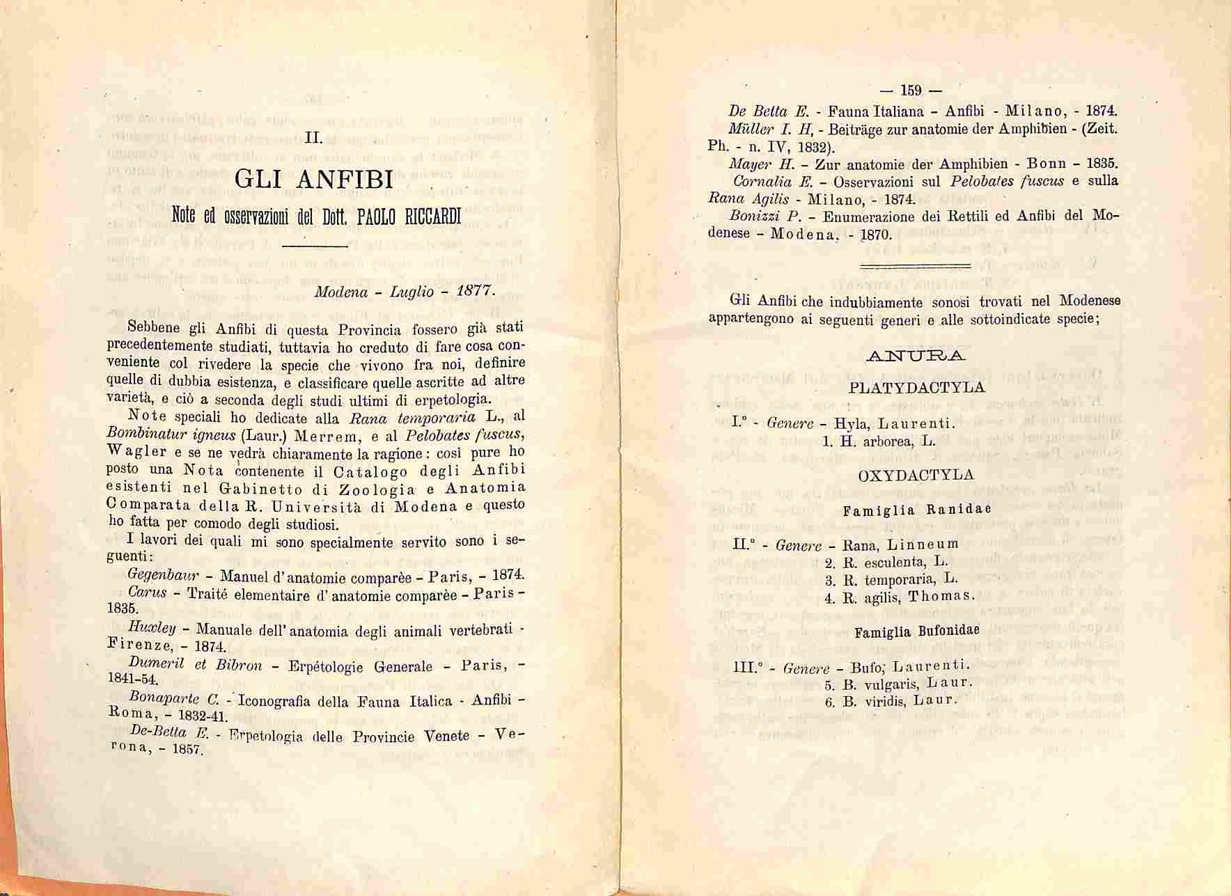 Gli anfibi del Modenese Note ed osservazioni del Dott. Paolo Riccardi
