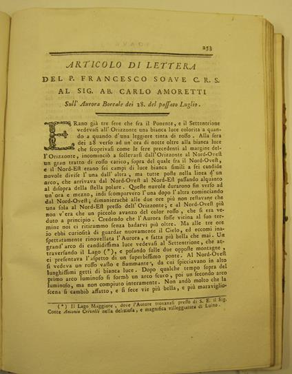 Articolo di lettera del P. Francesco Soave al sig. ab. Carlo Amoretti sull'aurora boreale dei 28 del passato luglio - Francesco Soave - copertina