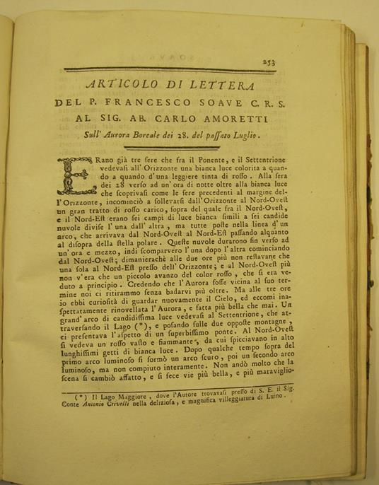 Articolo di lettera del P. Francesco Soave al sig. ab. Carlo Amoretti sull'aurora boreale dei 28 del passato luglio - Francesco Soave - copertina