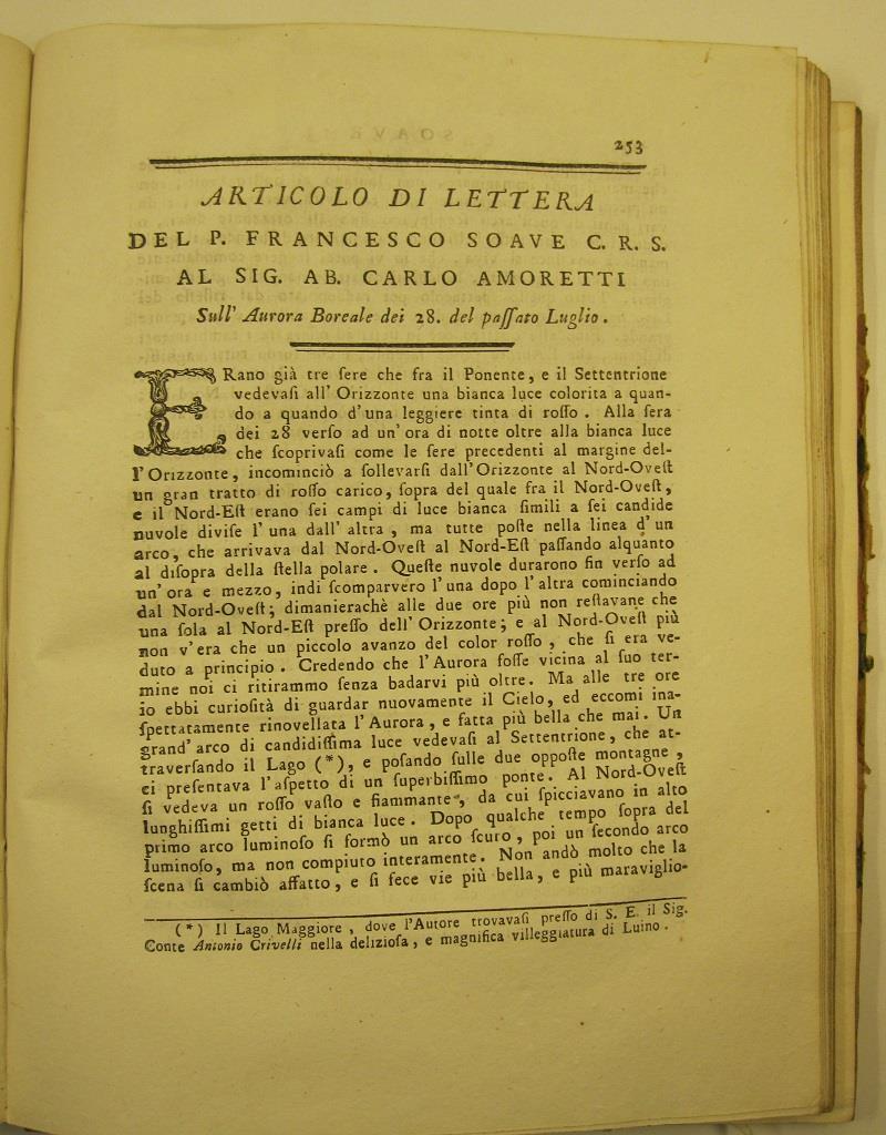 Articolo di lettera del P. Francesco Soave al sig. ab. Carlo Amoretti sull'aurora boreale dei 28 del passato luglio