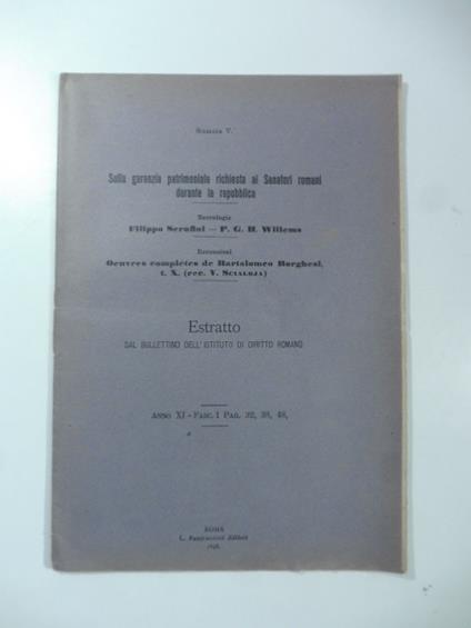 Sulla garanzia patrimoniale richiesta ai Senatori romani durante la Repubblica - Vittorio Scialoja - copertina