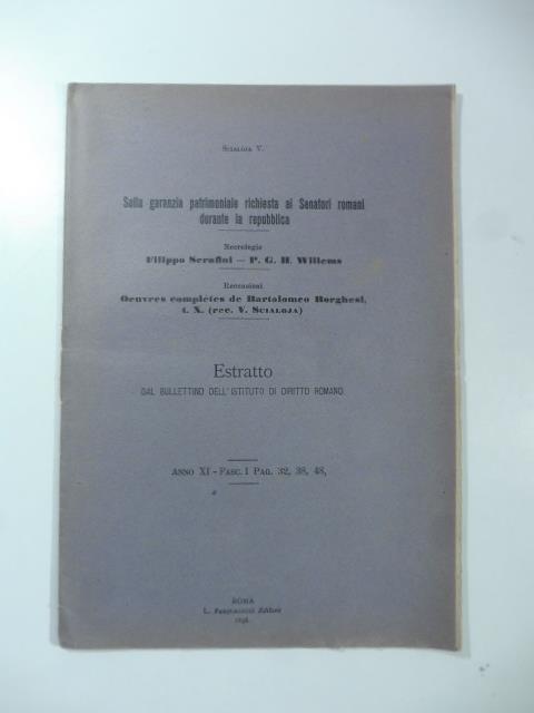 Sulla garanzia patrimoniale richiesta ai Senatori romani durante la Repubblica - Vittorio Scialoja - copertina