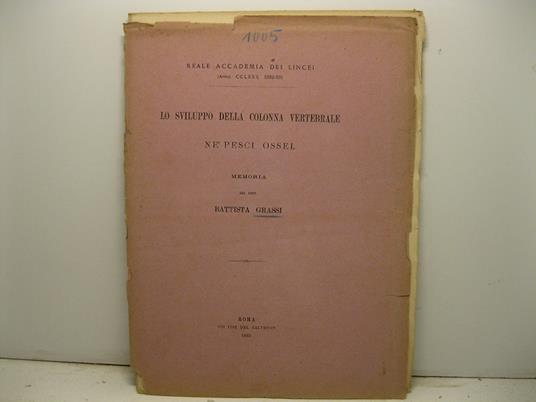 Lo sviluppo della colonna vertebrale ne' pesci ossei - Battista Grassi - copertina