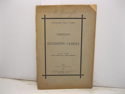 Associazione della stampa. Commemorazione di Benedetto Cairoli - Ruggero Bonghi - copertina