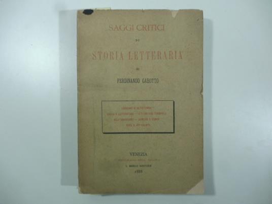 Saggi critici di storia letteraria - Ferdinando Gabotto - copertina