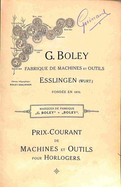G. Boley fabrique de machines et outils, Esslingen. Prix courant de machines et outils pour horlogers - copertina