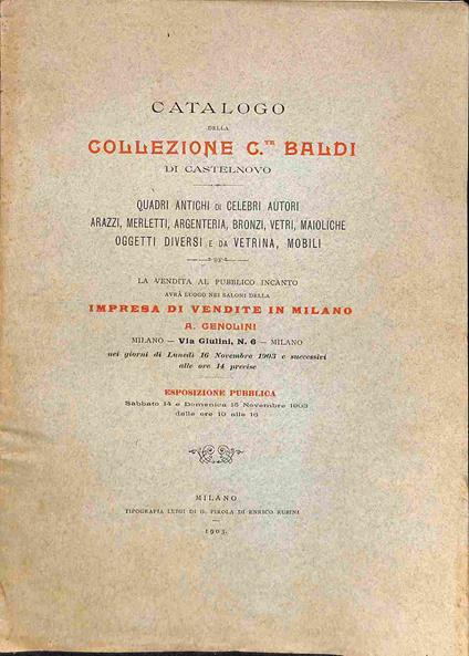Catalogo della collezione Conte Baldi di Castelnovo...vendita al pubblico incanto...Milano - copertina