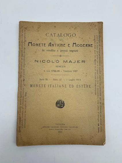 Catalogo di monete antiche e moderne in vendita a prezzi segnati Nicolo' Majer, Venezia... Serie III - copertina