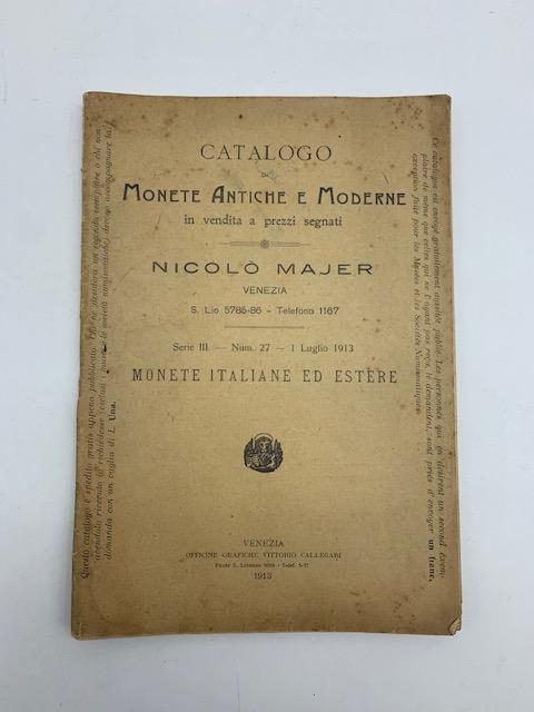 Catalogo di monete antiche e moderne in vendita a prezzi segnati Nicolo' Majer, Venezia... Serie III - copertina