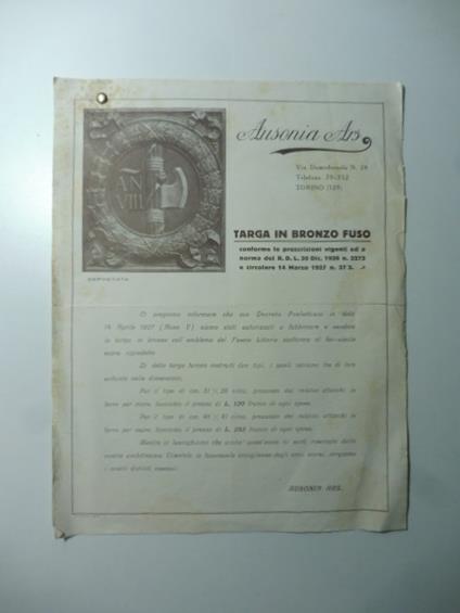 Ausonia Ars. Due fogli pubblicitari della targa in bronzo fuso Fascio littorio - copertina