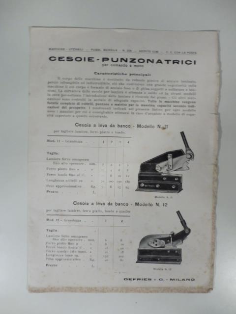 Cesoie, punzonatrici Defries e C. Pieghevole pubblicitario